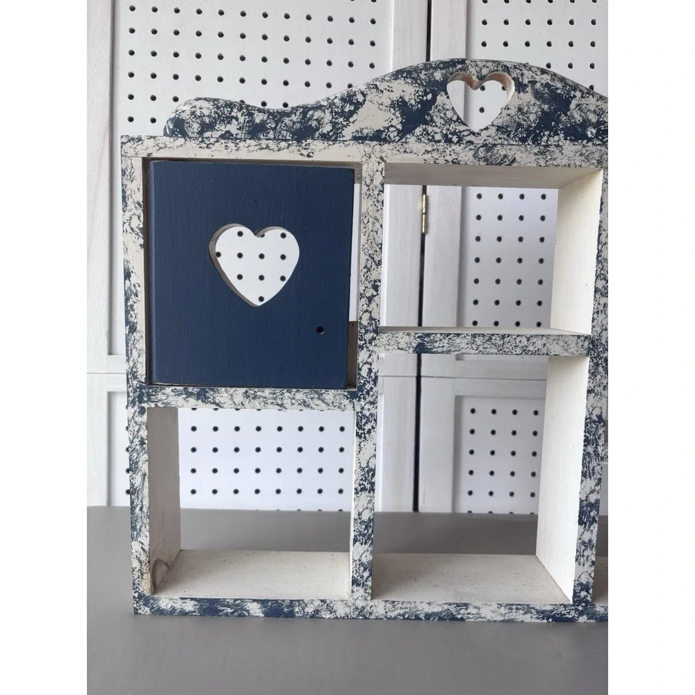 Wooden Heart Cutout Wall Trinket Shelf Rustic Painted Cottacore Blue Ivory